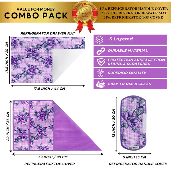 Purple_3-Layer_PolyesterFridge_Top_Cover_&_Fridge_Handle_Cover_&_3_Pc._Fridge_Mat_Set_For_Home