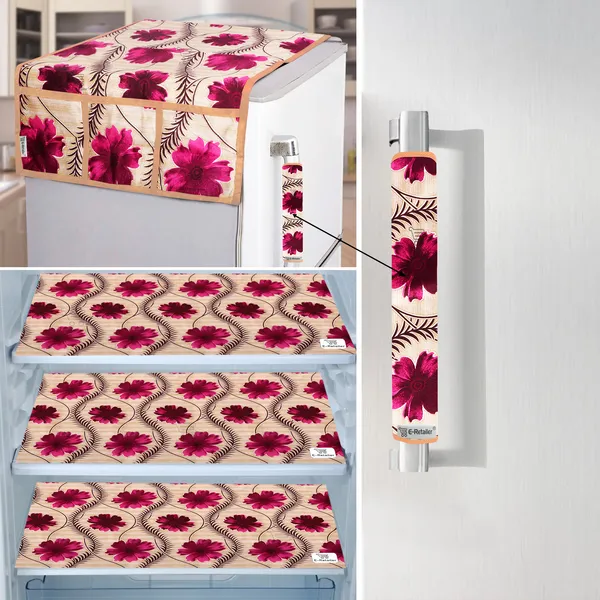 Red_3-Layer_PolyesterFridge_Top_Cover_&_Fridge_Handle_Cover_&_3_Pc._Fridge_Mat_Set_For_Home