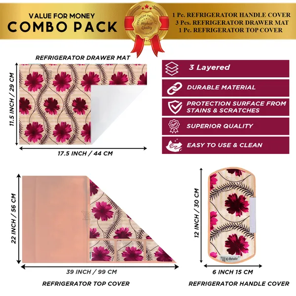 Red_3-Layer_PolyesterFridge_Top_Cover_&_Fridge_Handle_Cover_&_3_Pc._Fridge_Mat_Set_For_Home
