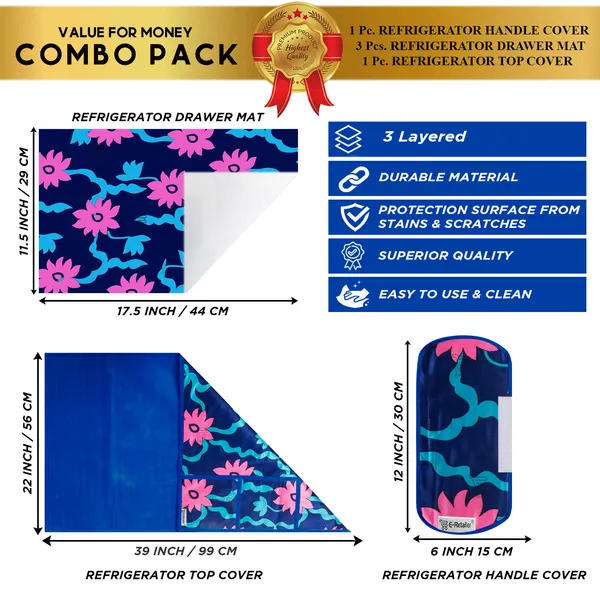 Pink_3-Layer_PolyesterFridge_Top_Cover_&_Fridge_Handle_Cover_&_3_Pc._Fridge_Mat_Set_For_Home