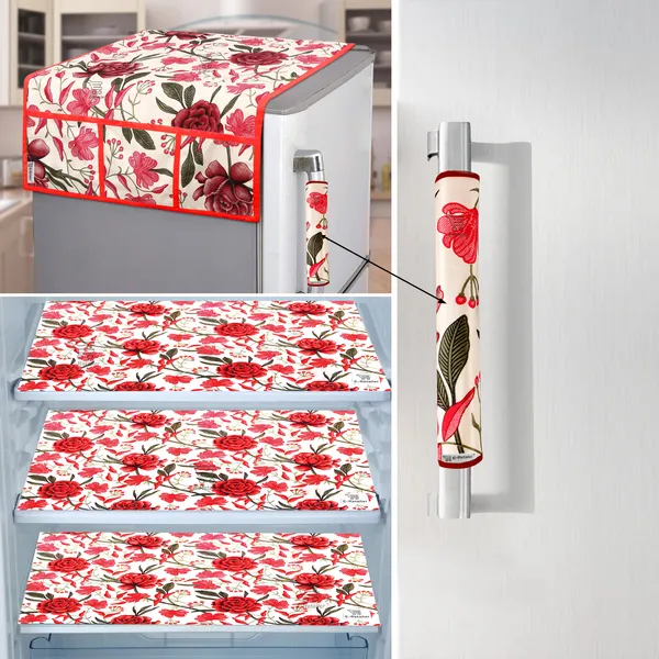 Red_3-Layer_PolyesterFridge_Top_Cover_&_Fridge_Handle_Cover_&_3_Pc._Fridge_Mat_Set_For_Home