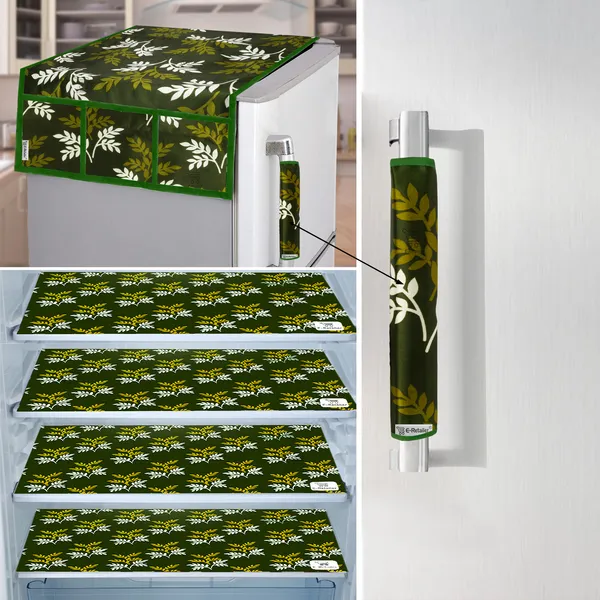Green_3-Layer_PolyesterFridge_Top_Cover_&_Fridge_Handle_Cover_&_4_Pc._Fridge_Mat_Set_For_Home