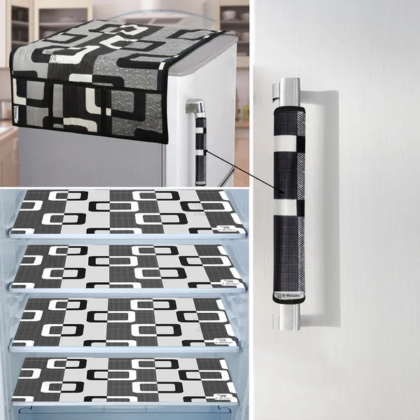 Black_3-Layer_PolyesterFridge_Top_Cover_&_Fridge_Handle_Cover_&_4_Pc._Fridge_Mat_Set_For_Home