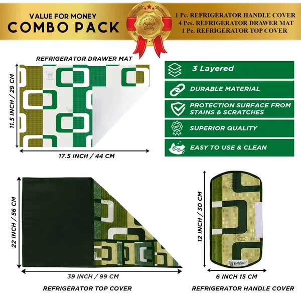 Green_3-Layer_PolyesterFridge_Top_Cover_&_Fridge_Handle_Cover_&_4_Pc._Fridge_Mat_Set_For_Home