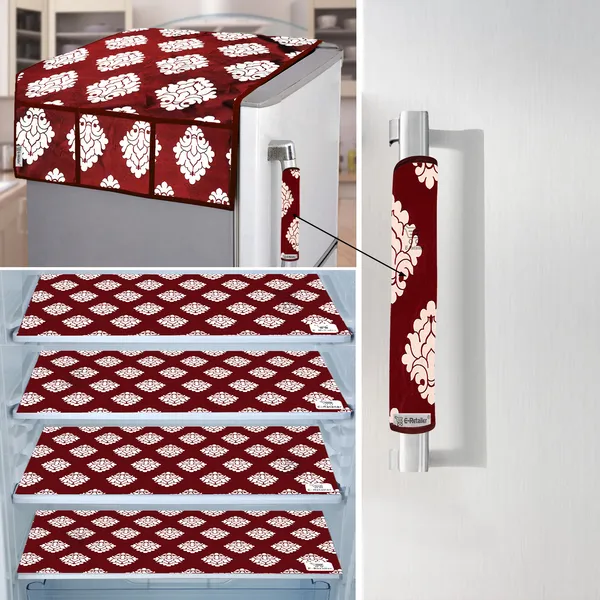 Maroon_3-Layer_PolyesterFridge_Top_Cover_&_Fridge_Handle_Cover_&_4_Pc._Fridge_Mat_Set_For_Home