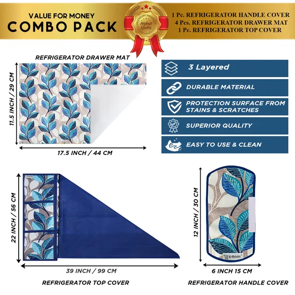Blue_3-Layer_PolyesterFridge_Top_Cover_&_Fridge_Handle_Cover_&_4_Pc._Fridge_Mat_Set_For_Home