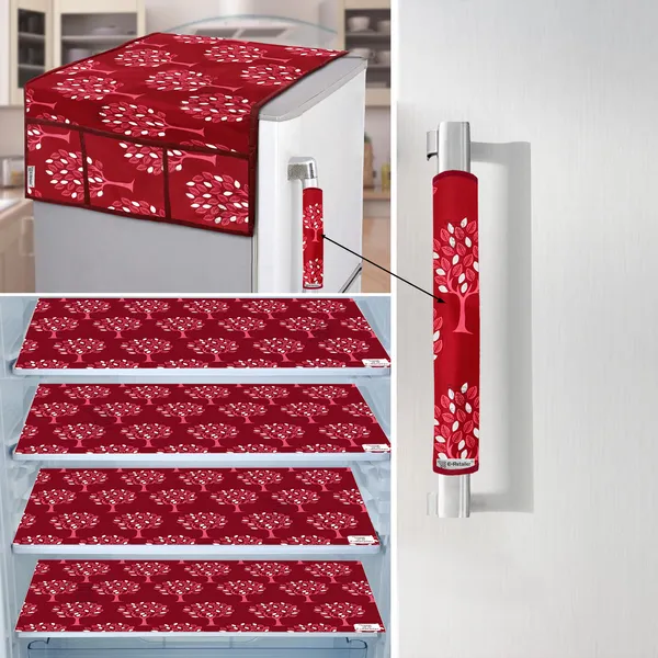 Maroon_3-Layer_PolyesterFridge_Top_Cover_&_Fridge_Handle_Cover_&_4_Pc._Fridge_Mat_Set_For_Home