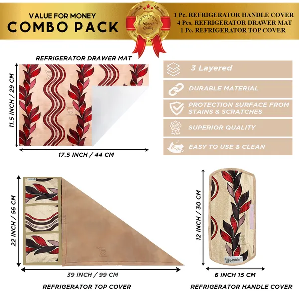 Red_3-Layer_PolyesterFridge_Top_Cover_&_Fridge_Handle_Cover_&_4_Pc._Fridge_Mat_Set_For_Home