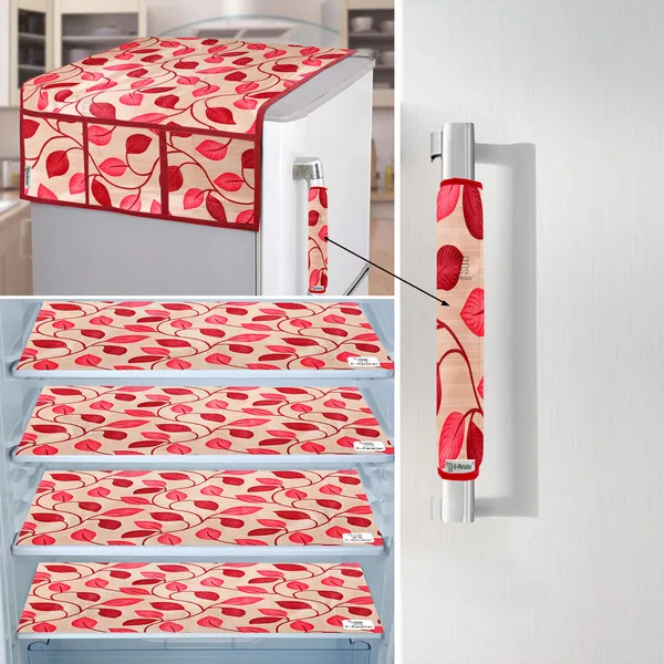 Red_3-Layer_PolyesterFridge_Top_Cover_&_Fridge_Handle_Cover_&_4_Pc._Fridge_Mat_Set_For_Home