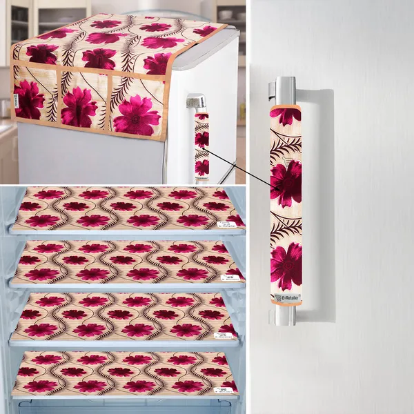 Red_3-Layer_PolyesterFridge_Top_Cover_&_Fridge_Handle_Cover_&_4_Pc._Fridge_Mat_Set_For_Home