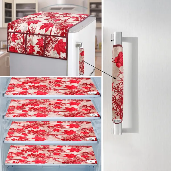 Red_3-Layer_PolyesterFridge_Top_Cover_&_Fridge_Handle_Cover_&_4_Pc._Fridge_Mat_Set_For_Home