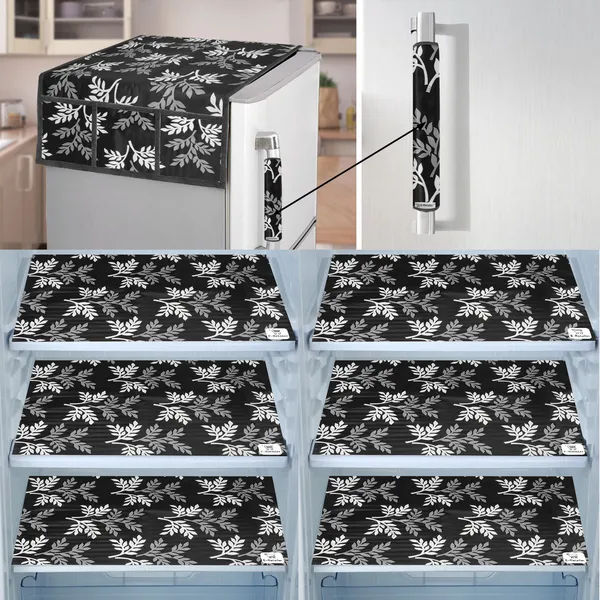 Black_3-Layer_PolyesterFridge_Top_Cover_&_Fridge_Handle_Cover_&_6_Pc._Fridge_Mat_Set_For_Home