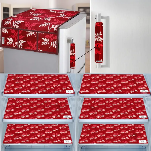 Maroon_3-Layer_PolyesterFridge_Top_Cover_&_Fridge_Handle_Cover_&_6_Pc._Fridge_Mat_Set_For_Home