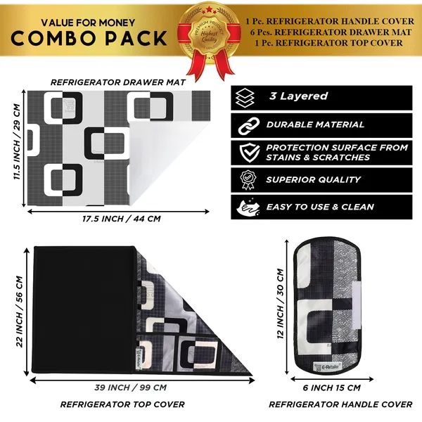 Black_3-Layer_PolyesterFridge_Top_Cover_&_Fridge_Handle_Cover_&_6_Pc._Fridge_Mat_Set_For_Home
