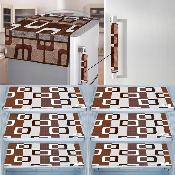 Brown_3-Layer_PolyesterFridge_Top_Cover_&_Fridge_Handle_Cover_&_6_Pc._Fridge_Mat_Set_For_Home