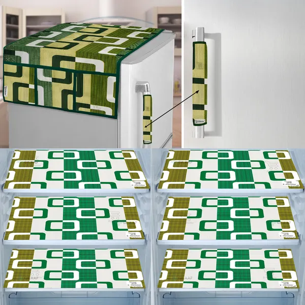 Green_3-Layer_PolyesterFridge_Top_Cover_&_Fridge_Handle_Cover_&_6_Pc._Fridge_Mat_Set_For_Home