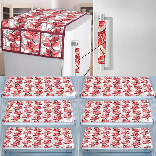 Pink_3-Layer_PolyesterFridge_Top_Cover_&_Fridge_Handle_Cover_&_6_Pc._Fridge_Mat_Set_For_Home