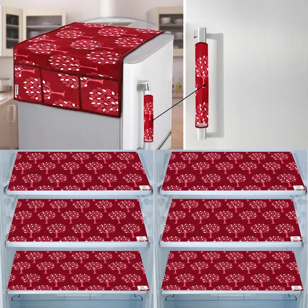 Maroon_3-Layer_PolyesterFridge_Top_Cover_&_Fridge_Handle_Cover_&_6_Pc._Fridge_Mat_Set_For_Home