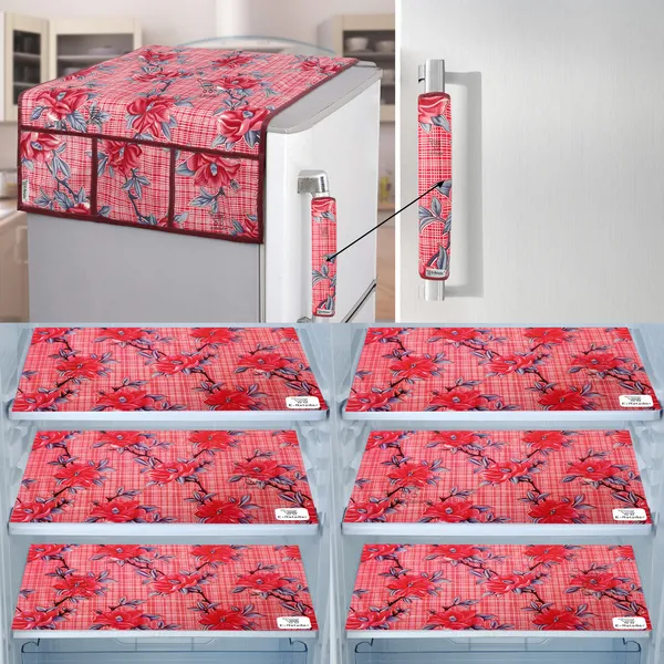 Red_3-Layer_PolyesterFridge_Top_Cover_&_Fridge_Handle_Cover_&_6_Pc._Fridge_Mat_Set_For_Home