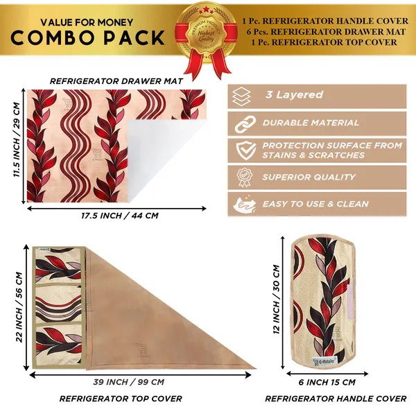 Red_3-Layer_PolyesterFridge_Top_Cover_&_Fridge_Handle_Cover_&_6_Pc._Fridge_Mat_Set_For_Home