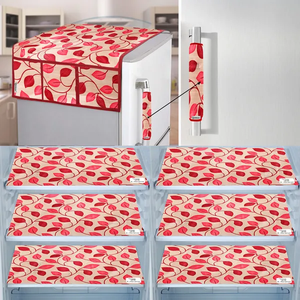 Red_3-Layer_PolyesterFridge_Top_Cover_&_Fridge_Handle_Cover_&_6_Pc._Fridge_Mat_Set_For_Home