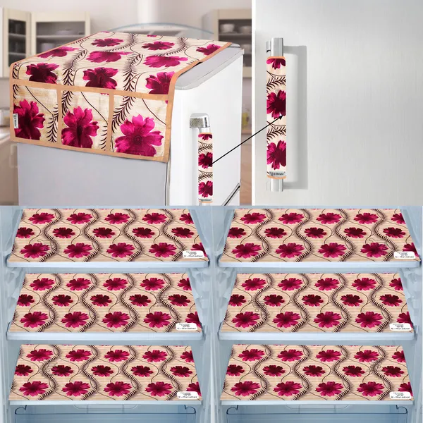 Red_3-Layer_PolyesterFridge_Top_Cover_&_Fridge_Handle_Cover_&_6_Pc._Fridge_Mat_Set_For_Home