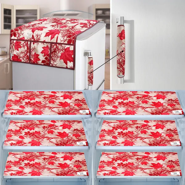 Red_3-Layer_PolyesterFridge_Top_Cover_&_Fridge_Handle_Cover_&_6_Pc._Fridge_Mat_Set_For_Home