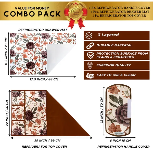 Brown_3-Layer_PolyesterFridge_Top_Cover_&_Fridge_Handle_Cover_&_6_Pc._Fridge_Mat_Set_For_Home