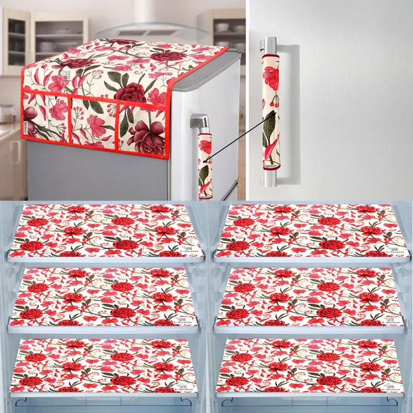 Red_3-Layer_PolyesterFridge_Top_Cover_&_Fridge_Handle_Cover_&_6_Pc._Fridge_Mat_Set_For_Home