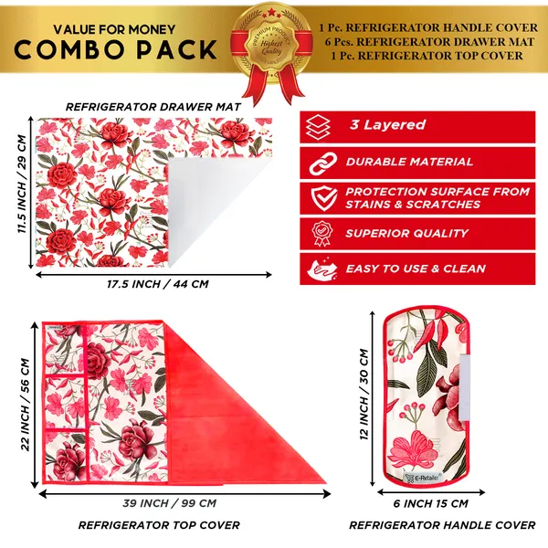 Red_3-Layer_PolyesterFridge_Top_Cover_&_Fridge_Handle_Cover_&_6_Pc._Fridge_Mat_Set_For_Home
