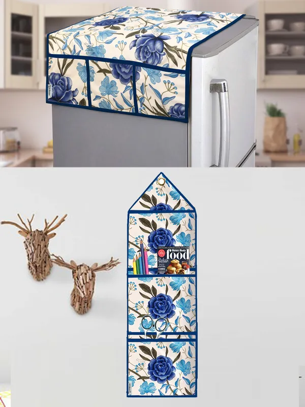 Blue_Polyester_Fabric_Refrigerator_Cover_&_Storage_Organizer_For_Home