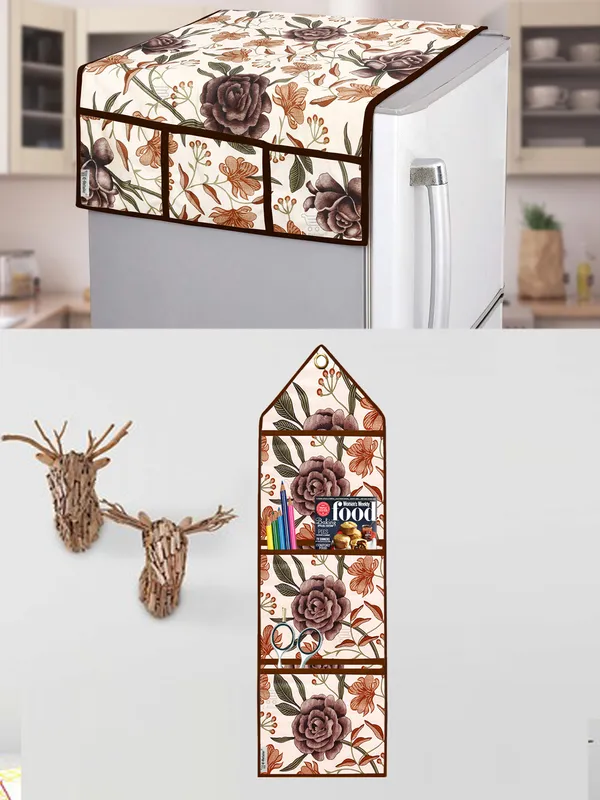 Brown_Polyester_Fabric_Refrigerator_Cover_&_Storage_Organizer_For_Home