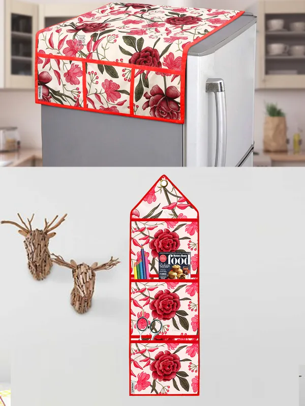 Red_Polyester_Fabric_Refrigerator_Cover_&_Storage_Organizer_For_Home