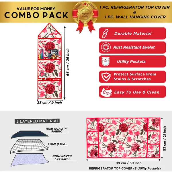 Red_Polyester_Fabric_Refrigerator_Cover_&_Storage_Organizer_For_Home