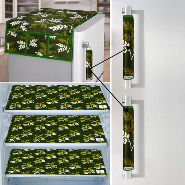 Green_3-Layer_PolyesterFridge_Top_Cover_&_Fridge_Handle_Cover_&_3_Pc._Fridge_Mat_Set_For_Home