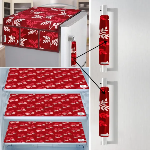 Maroon_3-Layer_PolyesterFridge_Top_Cover_&_Fridge_Handle_Cover_&_3_Pc._Fridge_Mat_Set_For_Home
