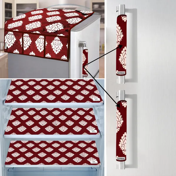 Maroon_3-Layer_PolyesterFridge_Top_Cover_&_Fridge_Handle_Cover_&_3_Pc._Fridge_Mat_Set_For_Home