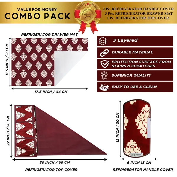 Maroon_3-Layer_PolyesterFridge_Top_Cover_&_Fridge_Handle_Cover_&_3_Pc._Fridge_Mat_Set_For_Home