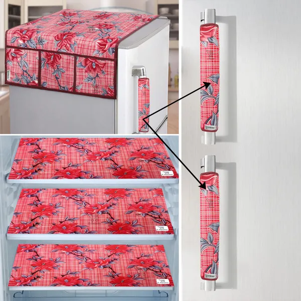 Red_3-Layer_PolyesterFridge_Top_Cover_&_Fridge_Handle_Cover_&_3_Pc._Fridge_Mat_Set_For_Home