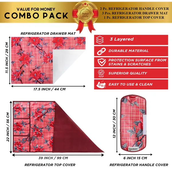 Red_3-Layer_PolyesterFridge_Top_Cover_&_Fridge_Handle_Cover_&_3_Pc._Fridge_Mat_Set_For_Home