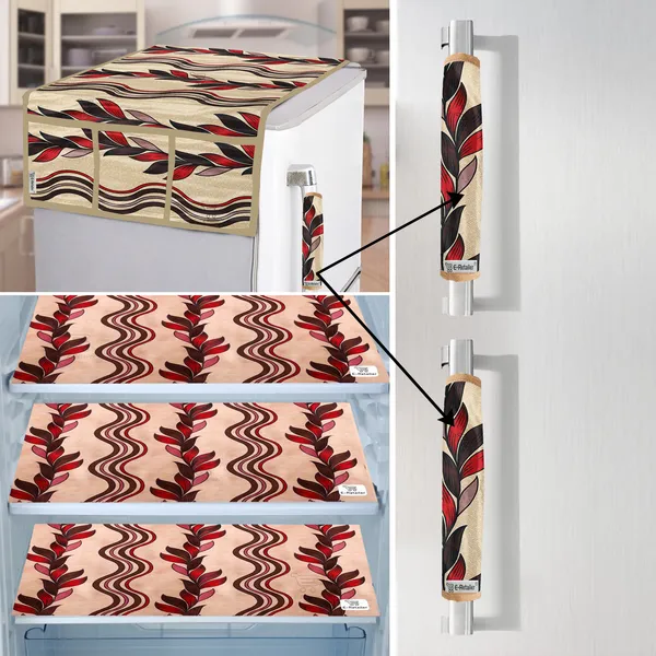 Red_3-Layer_PolyesterFridge_Top_Cover_&_Fridge_Handle_Cover_&_3_Pc._Fridge_Mat_Set_For_Home