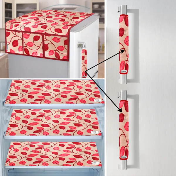 Red_3-Layer_PolyesterFridge_Top_Cover_&_Fridge_Handle_Cover_&_3_Pc._Fridge_Mat_Set_For_Home