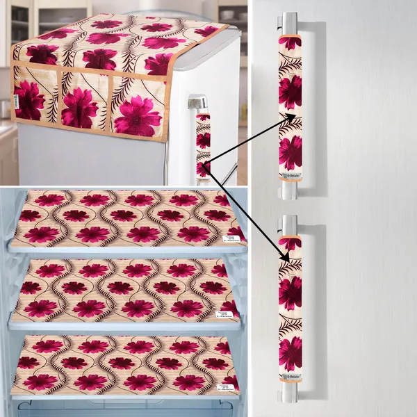 Red_3-Layer_PolyesterFridge_Top_Cover_&_Fridge_Handle_Cover_&_3_Pc._Fridge_Mat_Set_For_Home