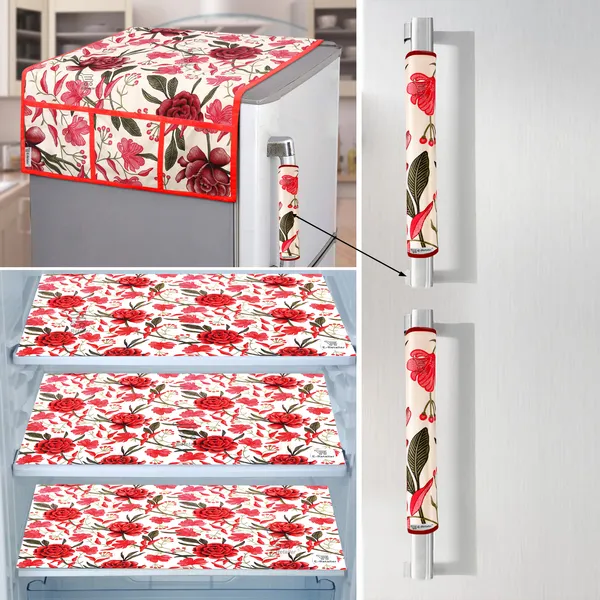 Red_3-Layer_PolyesterFridge_Top_Cover_&_Fridge_Handle_Cover_&_3_Pc._Fridge_Mat_Set_For_Home