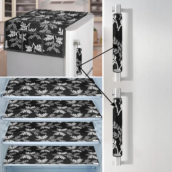 Black_3-Layer_PolyesterFridge_Top_Cover_&_Fridge_Handle_Cover_&_4_Pc._Fridge_Mat_Set_For_Home