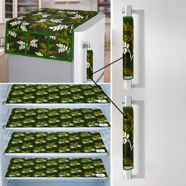 Green_3-Layer_PolyesterFridge_Top_Cover_&_Fridge_Handle_Cover_&_4_Pc._Fridge_Mat_Set_For_Home