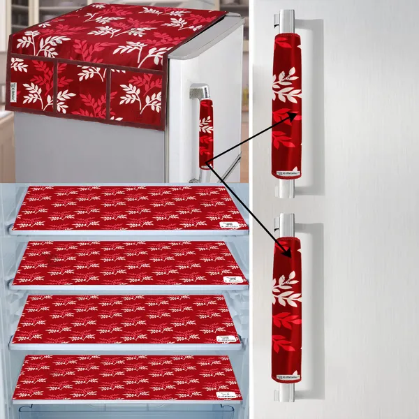 Maroon_3-Layer_PolyesterFridge_Top_Cover_&_Fridge_Handle_Cover_&_4_Pc._Fridge_Mat_Set_For_Home