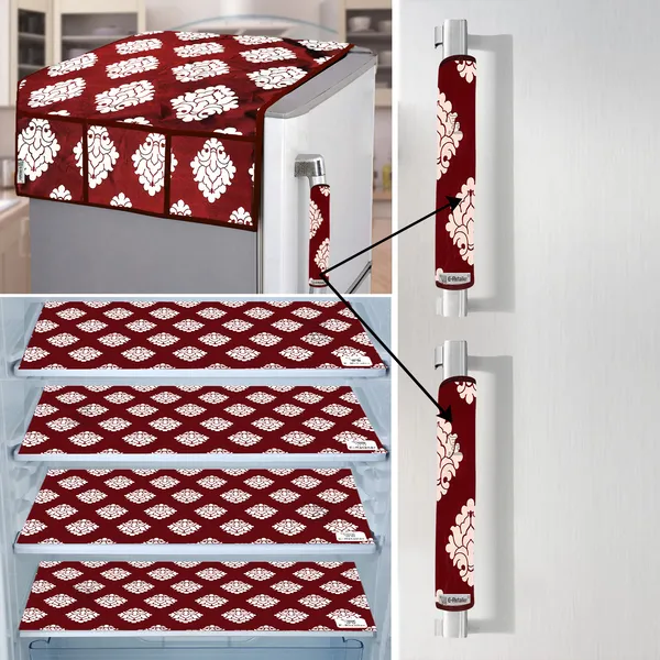 Maroon_3-Layer_PolyesterFridge_Top_Cover_&_Fridge_Handle_Cover_&_4_Pc._Fridge_Mat_Set_For_Home