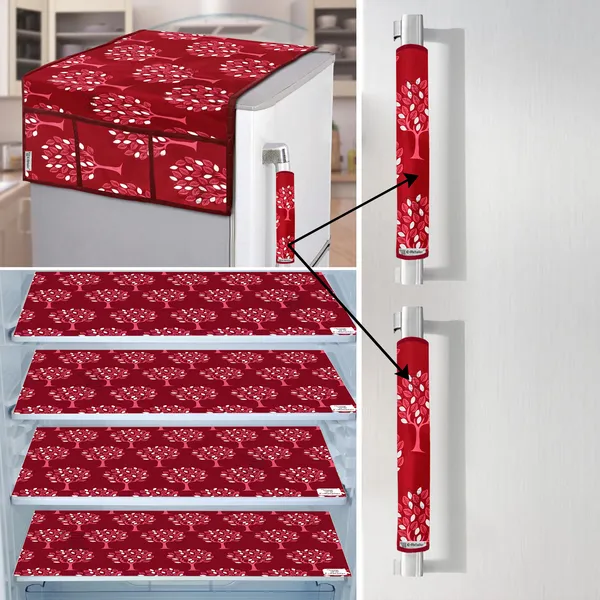 Maroon_3-Layer_PolyesterFridge_Top_Cover_&_Fridge_Handle_Cover_&_4_Pc._Fridge_Mat_Set_For_Home