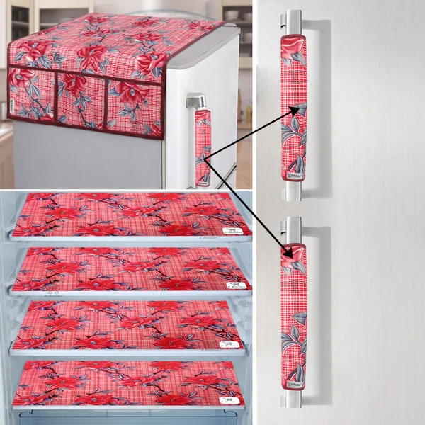 Red_3-Layer_PolyesterFridge_Top_Cover_&_Fridge_Handle_Cover_&_4_Pc._Fridge_Mat_Set_For_Home